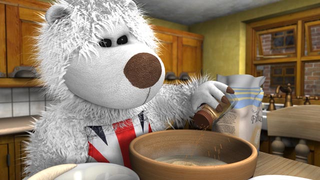 Furry bear baking in the kitchen