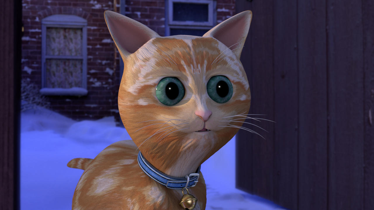 Kitten standing by a gate in the snow